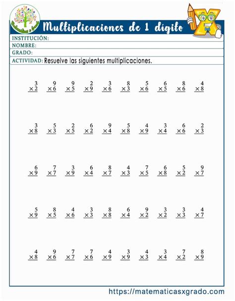 Ejercicios de multiplicación de un dígito Una cifra