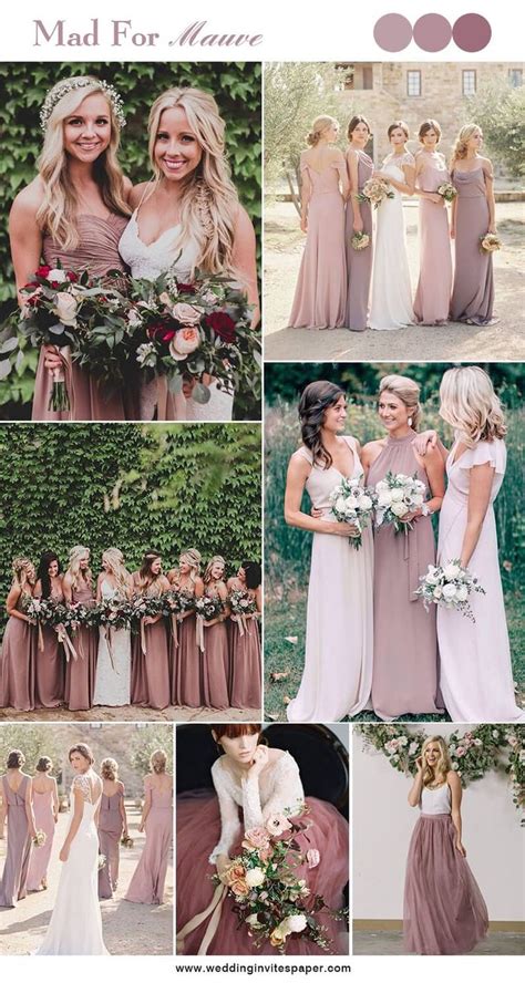 bridesmaid dresses and bouquets are all in shades of brown, pink, white and