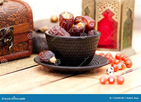 Arabic Traditional Dishes Pots And Dates Fruits Holidays Decoration Ramadan Kareem Stock