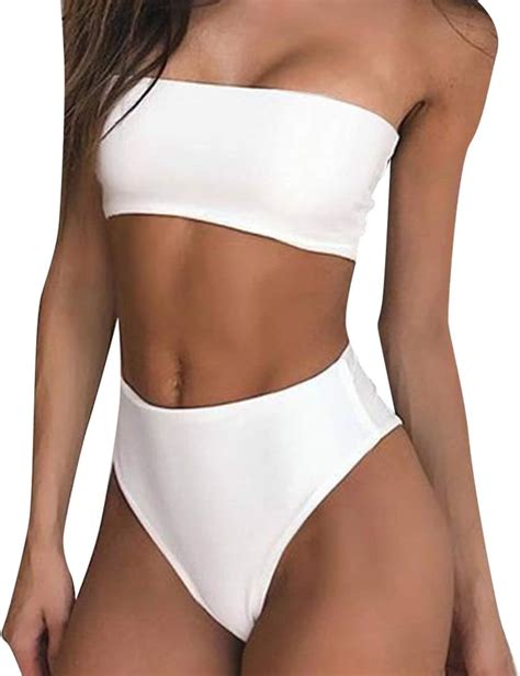Amazon Ruuhee Women Bandeau High Waisted Two Piece Swimsuits Bikini Set High Cut Small