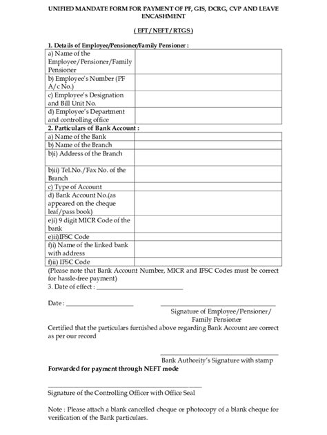 UNIFIED MANDATE FORM For PAYMENT Of PF GIS DCRG CVP And LEAVE