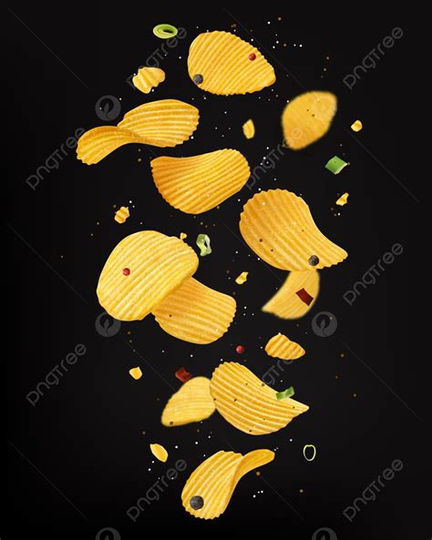 Falling Crispy Ripple Potato Chips With Onion And Spices Fly 3d