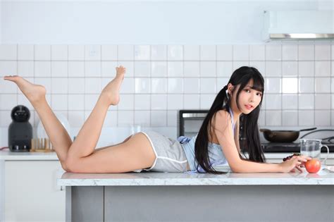 K Asian Brunette Girl Kitchen Lying Down Legs Shorts Singlet HD Wallpaper Rare Gallery