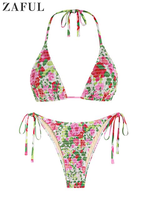 ZAFUL Women S Tie Side Padded Swimsuit Bikini Set Floral Flower Printed String Triangle Swimwear