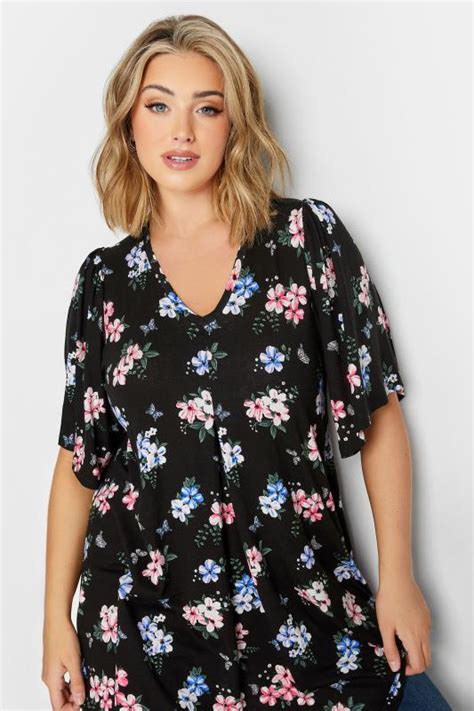 Yours Curve Plus Size Black Floral Angel Sleeve Top Yours Clothing