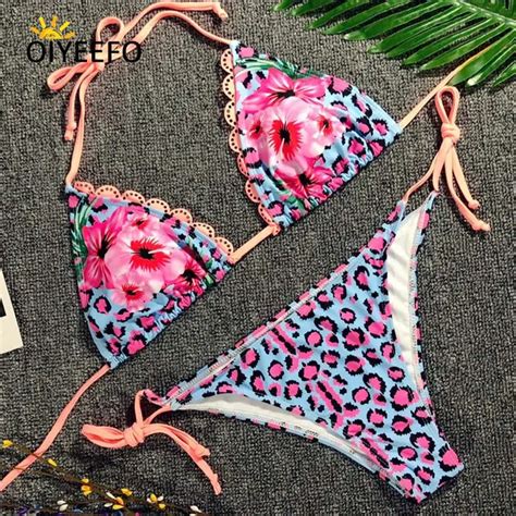 Oiyeefo Halter Lace Brazilian Bikini Floral Print Pink Leopard Women S Swimsuit Sexy Bathing