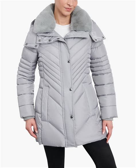 Zip Front Hooded Puffer Jacket With Button Off Fur Collar Puffer Jacket London Fog