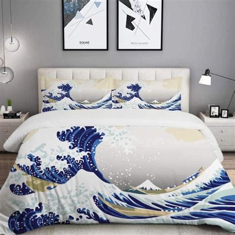 Parure de lit Adulte Housse de Couette Motif Hokusai Japonais Ukiyoe à