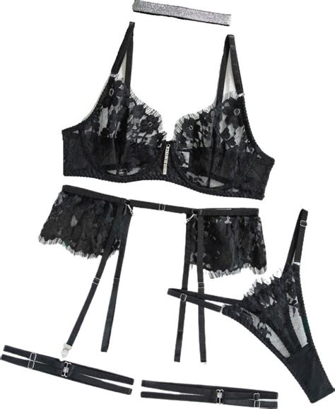 Gsaeimct Black Floral Lace Erotic Lingerie Set With Choker Sexy Mesh Bodysuit Underwear Push