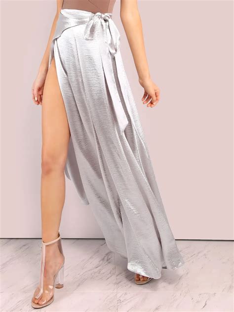 Shiny Satin Wrap Skirt Silver Side Slit Long Skirt With Tie Belt In Waist Hot Selling Buy