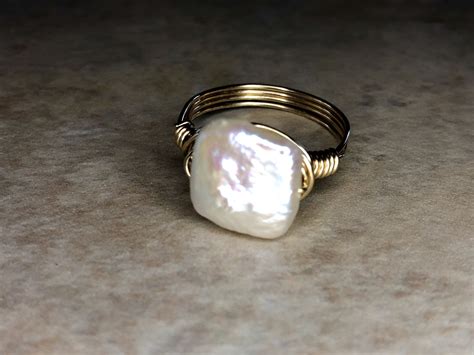 Square Coin Pearl Wire-Wrapped Ring - Colleen Berg