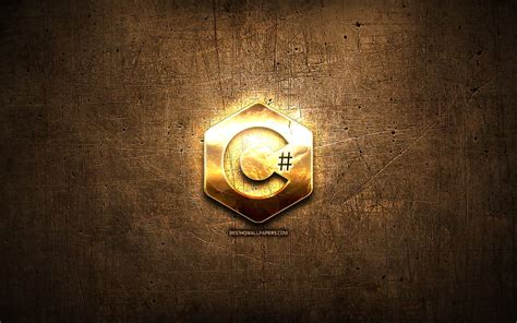 C Sharp golden logo, programming language, brown metal background ...