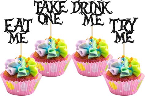 Gyufise 24pcs Alice In Wonderland Cupcake Toppers Black Glitter Try Me