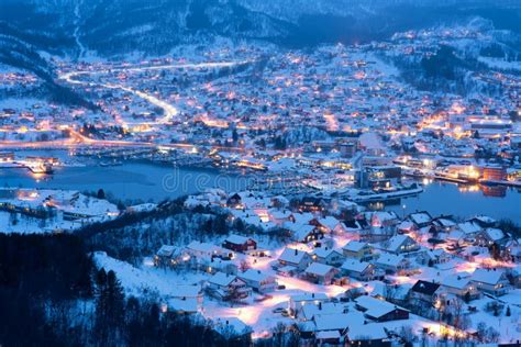 Aerial View of Harstad City the Small Harbour of Norwegian at Twilight ...