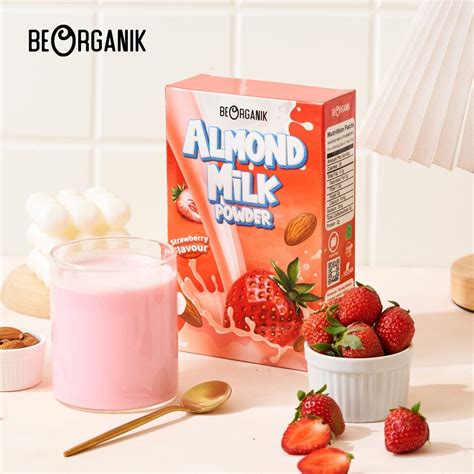 Beorganik Almond Milk Powder Strawberry No Sugar Susu Almond Bubuk