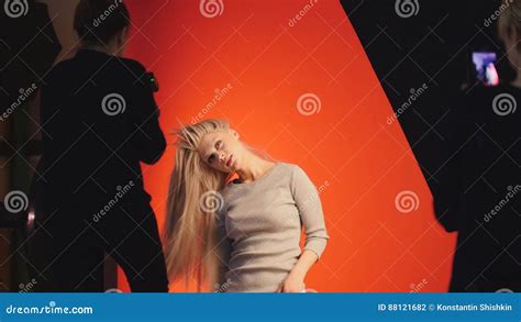 Makeup Artist Take A Photo With Smartphone At Fashion Backstage During Blonde Attractive Girl