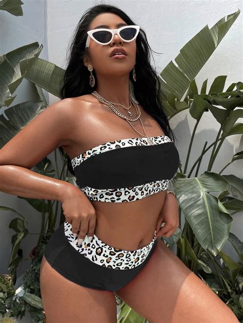Shein Swim Curve Ensemble De Bikini L Opard Sexy Sans Bretelles Grande Taille Pour Femmes T