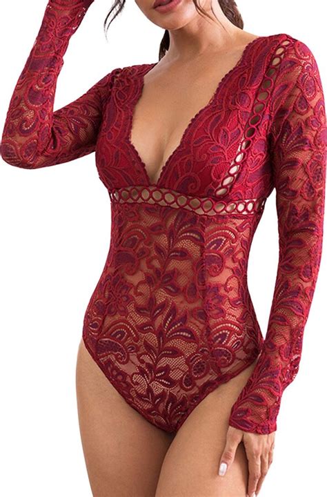 Semen Womens Sexy Deep V Neck Long Sleeve Lace Bodysuit See Through