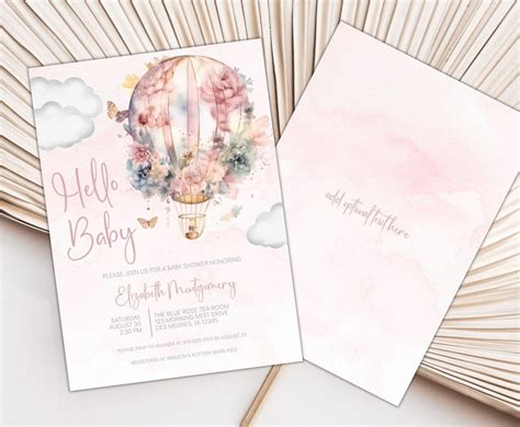 Pink Floral Hot Air Balloon Baby Shower Invitation Butterfly Etsy