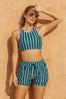 Green Striped Round Neck Sporty Bikini Top With Boy Short Set