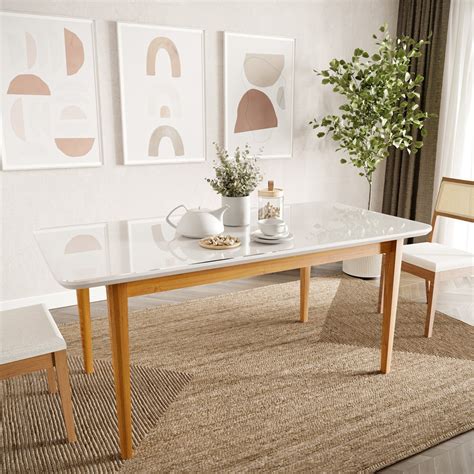 Mesa de Jantar 6 Lugares 1 80m Tampo MDF e Vidro Pés Madeira Maciça