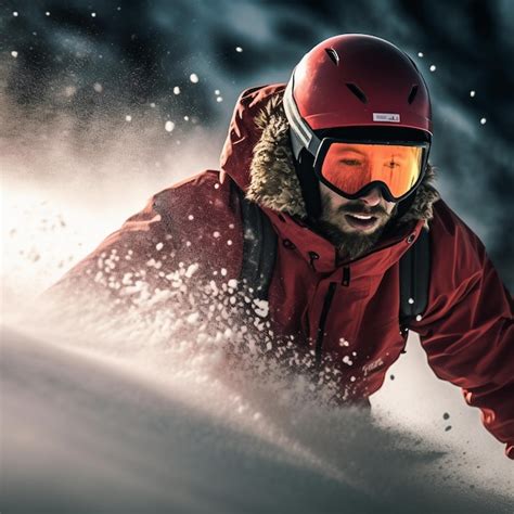 Premium Ai Image A Man Wearing A Red Helmet And Goggles Is Snowboarding