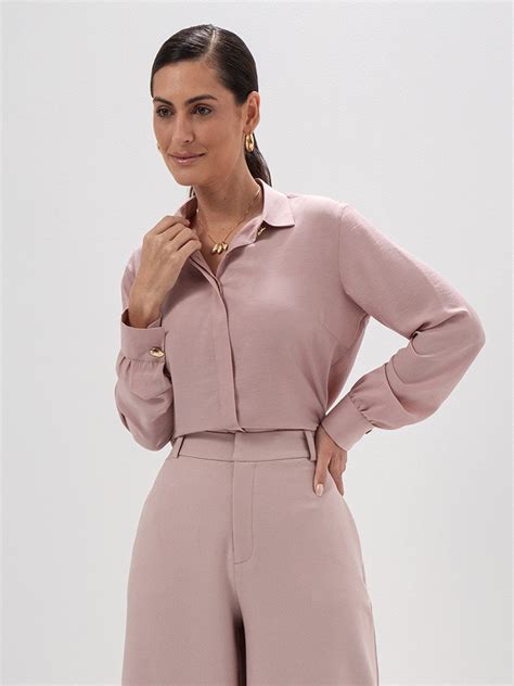 Camisa Manga Longa Em Viscose Cor Nude Ros
