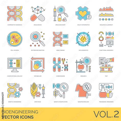 Bioengineering icons including comparative genomics, drug design ...