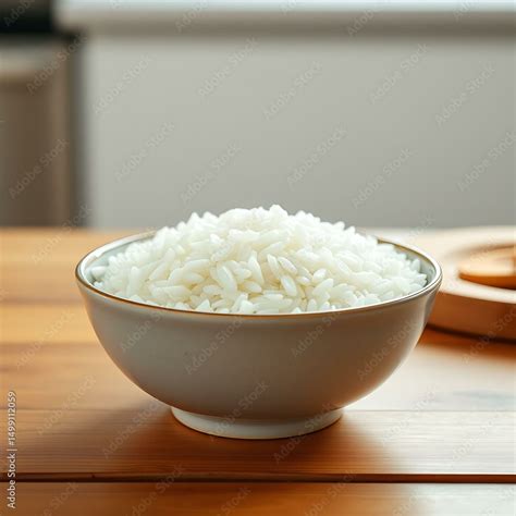 bowl  white rice  clean wooden kitchen table stock illustration