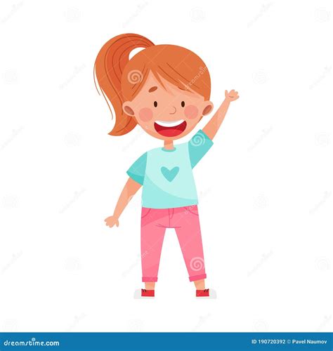 Smiling Girl Character Greeting Waving Hand And Saying Hi Vector Illustration Stock Vector