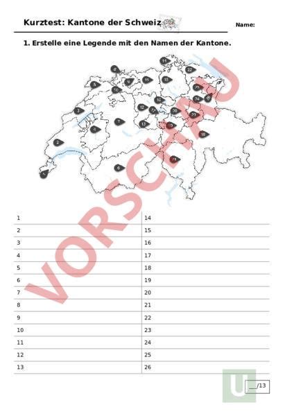 Arbeitsblatt Schweizer Kantone Wappen Kurztest Geographie Schweiz