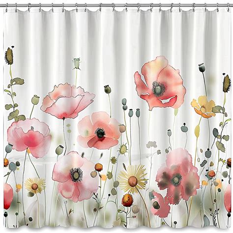 Watercolor Poppies And Wildflowers Shower Curtain Features Pink Poppies