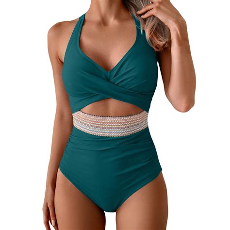 Yajing Womens Plus Size Swimwear Women With Breast Pads Without Brackets Splicing Deep V Bikini