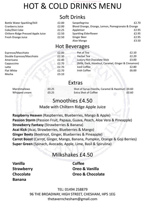Menu At The Tavern Restaurant Chesham