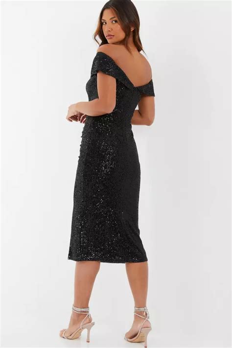 Black Sequin Bardot Split Midi Dress Quiz Clothing