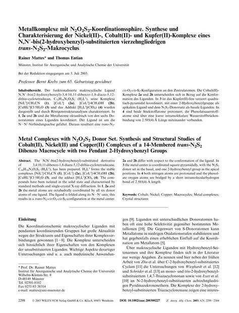 PDF Metallkomplexe mit N2O2S2 Koordinationssphäre Synthese und