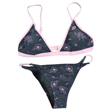 DIXXON Swim Dixxon Swim Womens Med Pink Peonies Tanning Swimsuit Black String Bikini Poshmark