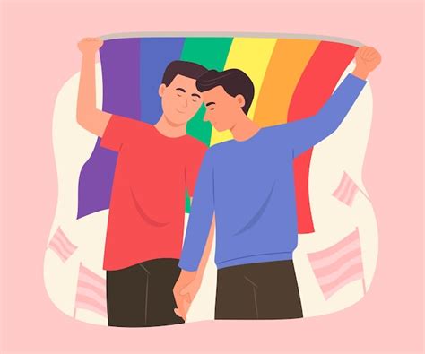 Pareja de hombres gay sosteniendo la bandera del arco iris para la ilustración del concepto de