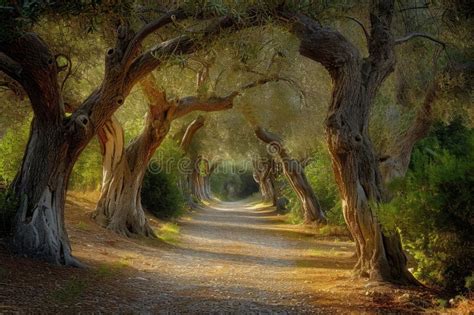 A Dirt Road Winds Its Way Through A Dense Forest Flanked By Towering