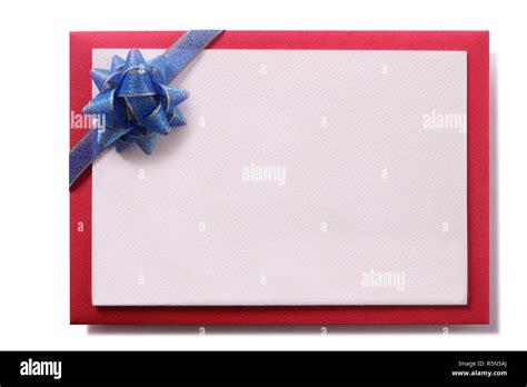 Christmas Card Blue Bow Red Envelope Border Stock Photo Alamy