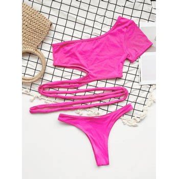 Emmiol Free Shipping One Shoulder Cut Out Bikini Set Beetroot