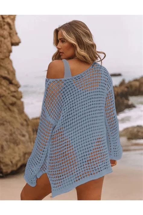 AQE FASHION Kadın File Detaylı Yırtmaçlı Bikini Üstü Kolları Valonlu Uzun Kol Pareo Bebe Mavisi