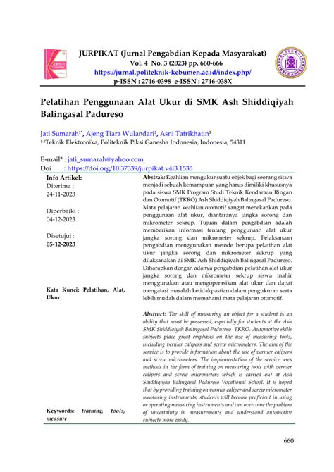 Pdf Pelatihan Penggunaan Alat Ukur Di Smk Ash Shiddiqiyah Balingasal