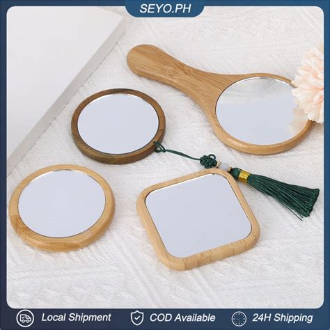 75cm Bamboo Wooden Mirror Portable Small Pocket Mirror Makeup Mirror