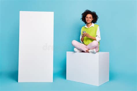 Full Length Photo Of Nice Millennial Brunette Lady Sit With Telephone Wear Spectacles Vest Pants