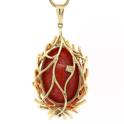 Cabochon Large Red Coral Gold Pendant at 1stDibs