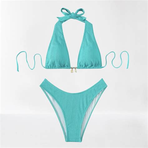 Thick Strap Halter Top Triangle Bikini Set Ribbed Bikini Tie Up Bikini Padded Bikini High