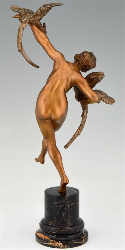 Art Deco Bronze Sculpture Dancing Nude With Parrots Claire Colinet France At StDibs
