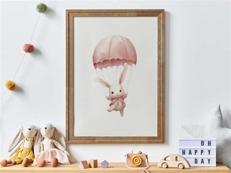 Cute Bunny Nursery Art Print Bunny In Parachute Pink Hot Air Balloon