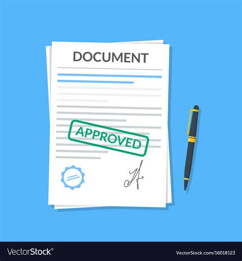 Approved Document With Stamp And Pen Modern Flat Vector Image